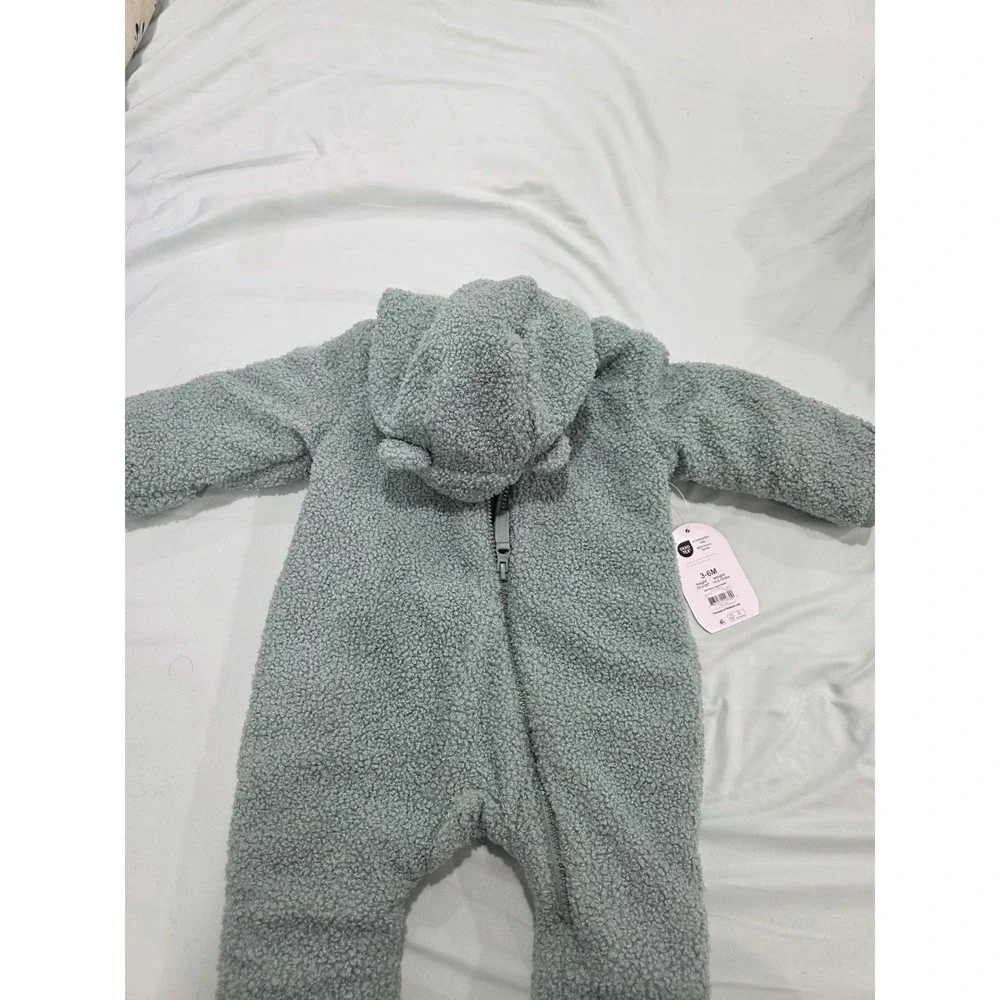 Wonder Nation Baby Sherpa Bunting Pram Suit Sage Green Bear Ears 3-6M NWT